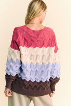 Davi & Dani Wavy Texture Sweater Color Block V-Neck Openwork Knit Pullover a73850e7-e9ae-4992-b206-86636d787080-Max Trendsi