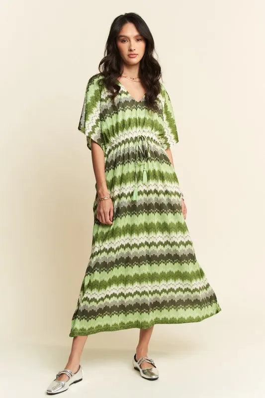 Davi & Dani Midi Dress Sage Green Multi Color Wavy Tie Waist Flowy Sleeve a739cb69407d44a480930280d75a773d-Max-Origin Trendsi