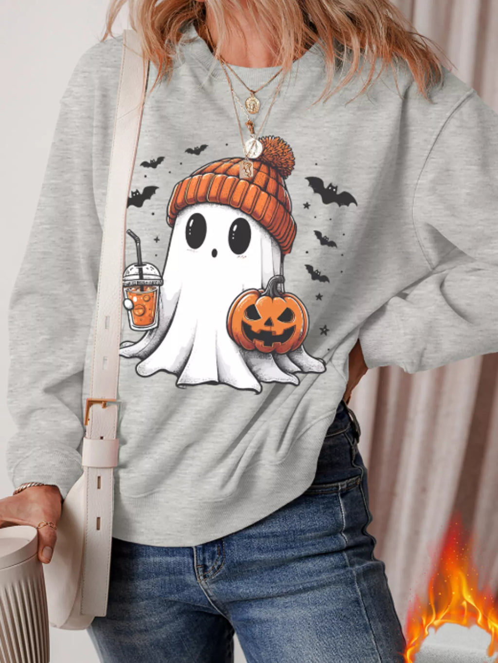 Halloween Women's Sweatshirt Ghost Gray Round Neck Long Sleeve Top Gray a7448e38e24642cfb13a6a0c8fef8273-Max-Origin Trendsi