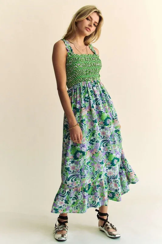 Davi & Dani Midi Dress Multi Green Floral Smocked Bodice Geo Ruffle Strappy a74ad5d9378f4f9ea81237aed3fac1a1-Max-Origin Trendsi