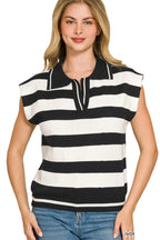 Zenana Viscose Striped Sweater Vest with Polo Collar