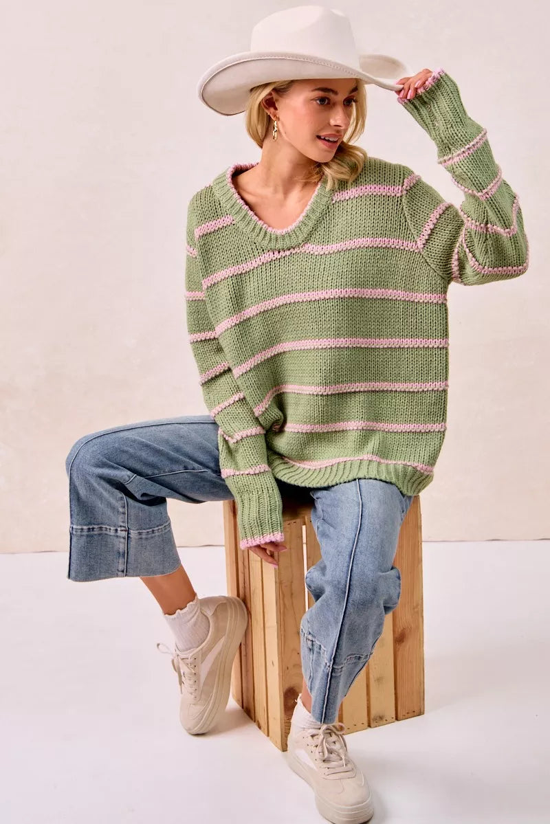 BiBi Womens Sweater Striped Sage Green Long Sleeve Oversized Pullover a74ec7acc87741c19974c65f28b72b36-Max-Origin Trendsi