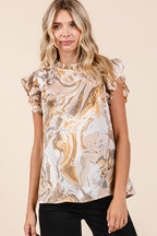 Mittoshop Satin Top Tan Abstract Print Ruffle Short Sleeve Blouse a75024fa-4061-4b4a-a8cf-eb317546229b-Max Trendsi