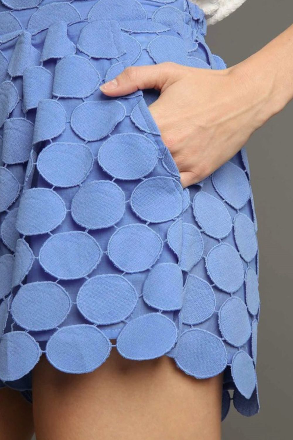 Umgee Shorts Polka Dot Lace Round Cut Out Blue Purple Pocketed a759bf22-8460-49b9-8cc7-f30c8c0807fb-Max Trendsi