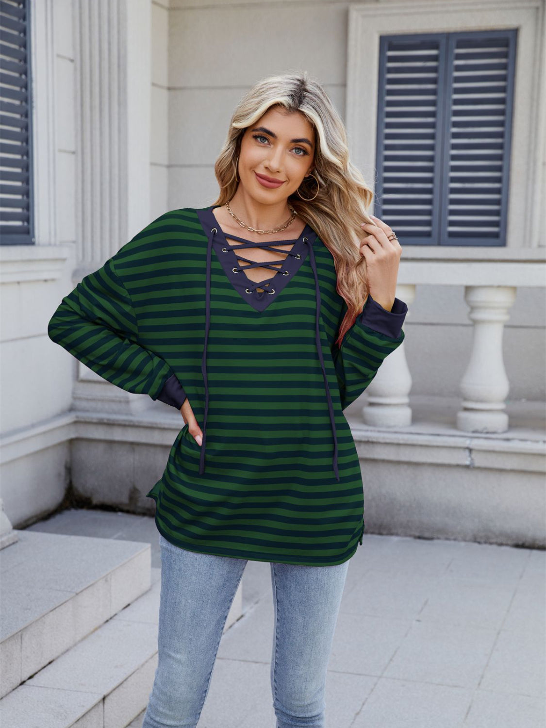 Striped T-Shirt Lace-Up Crisscross V Neck Long Sleeve Blouse Top a75d5f98-6af8-4b72-90b3-19e12c54b56e-Max Trendsi