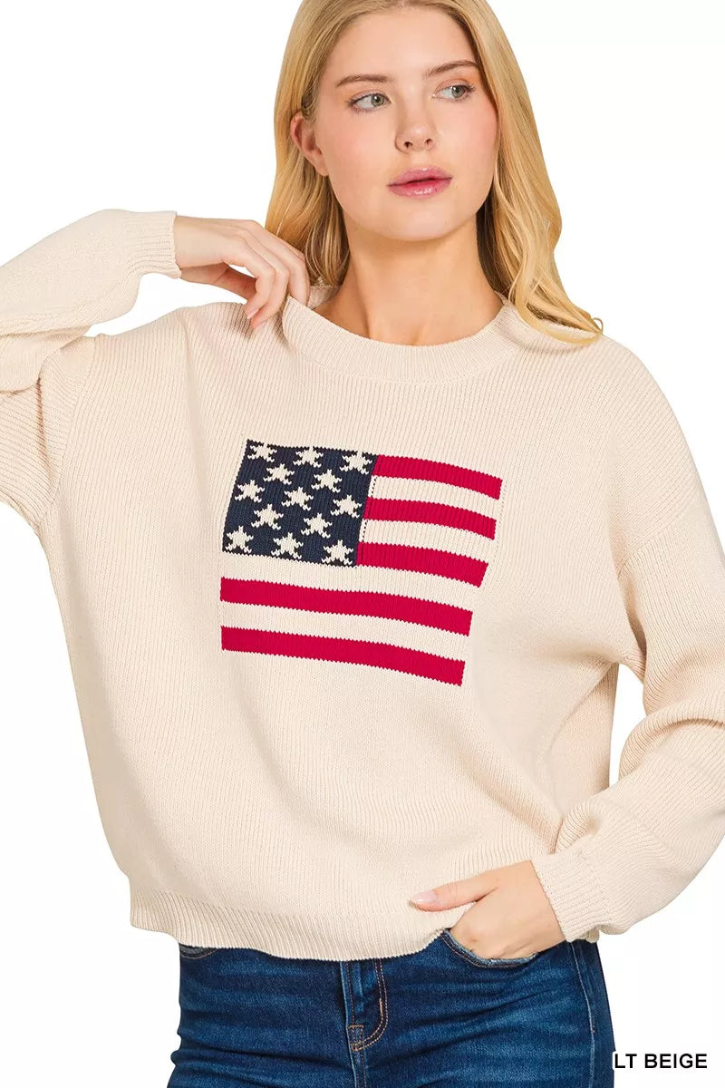 Zenana Womens Cotton Sweater Beige American Flag Crew Neck Pullover a7600ac1bccc49f1825650046320c78a-Max-Origin Trendsi