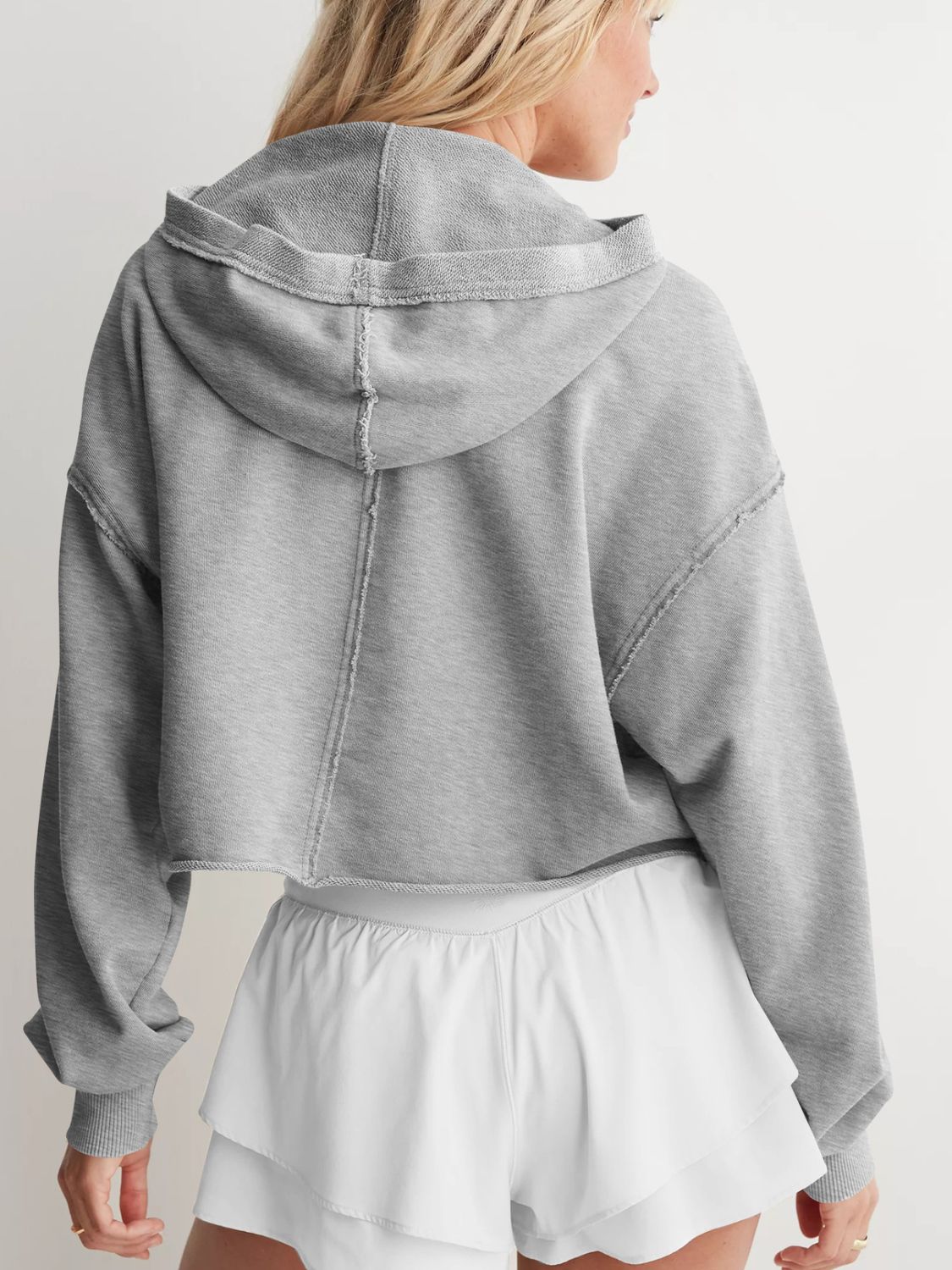 Cropped Women's Hoodie Exposed Seam Long Sleeve Hooded Open V Neck