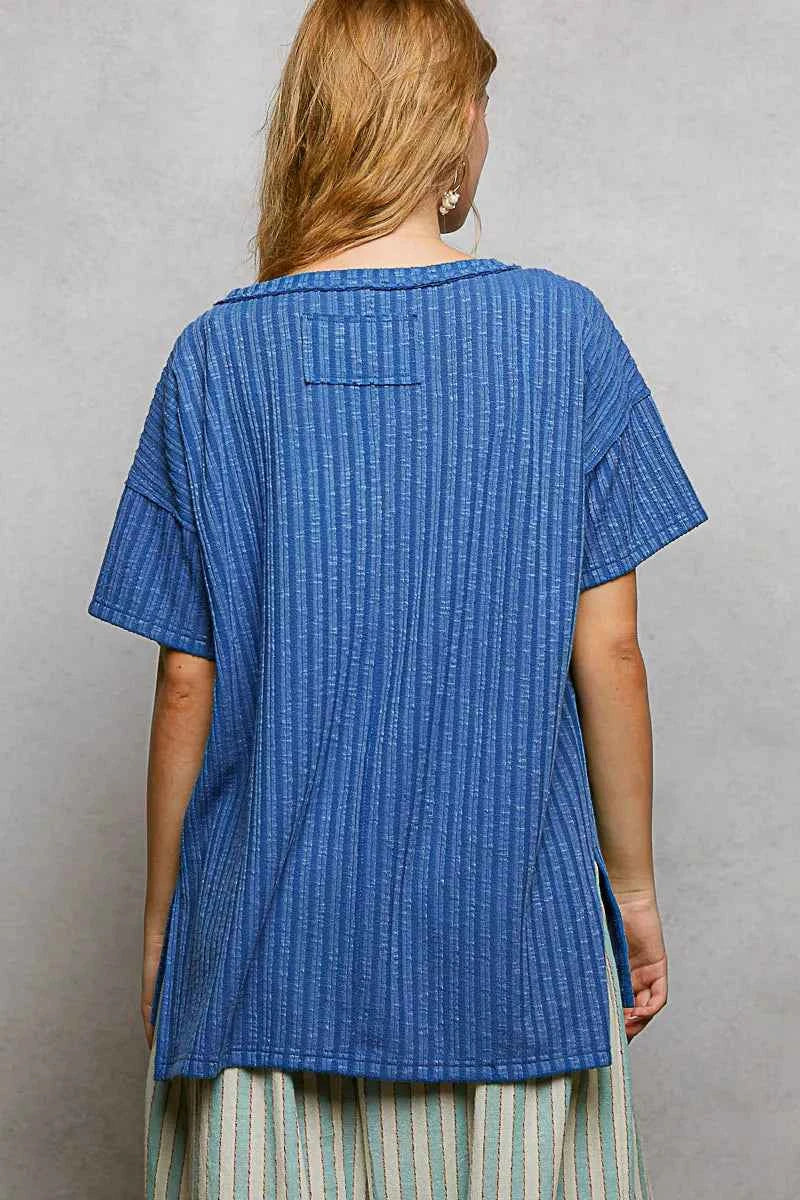 POL Ribbed Knit Top Blue V-Neck Short Sleeve T-Shirt with Side Slit a777e344-060f-4e79-8afe-c9b6c1bc91a5-Max-Origin Trendsi