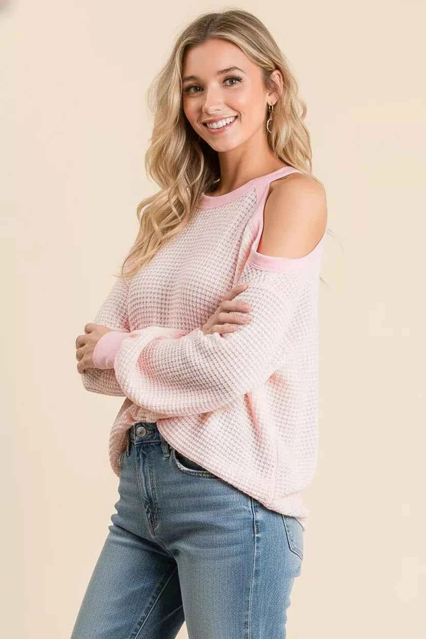 BiBi Popcorn Waffle Top with Cold Shoulder Detail