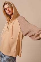 BiBi Women's Hoodie Taupe Half Zip French Terry with Kint Sleeves a7806e2dba4e4f138045aed4739d38d6-Max-Origin Trendsi