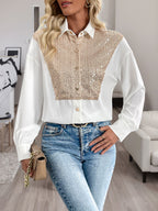 Perfee White Shirt Sequin Contrast Collared Neck Long Sleeve Women Blouse a783ce12-8b71-473d-96bc-1ebfef820a77-Max Trendsi