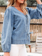 Women's Denim Top Tied Front Puff Long Sleeve Dusty Blue Blouse a784338f-8177-49ff-98c4-e6c4ecf85730-Max-Origin Trendsi