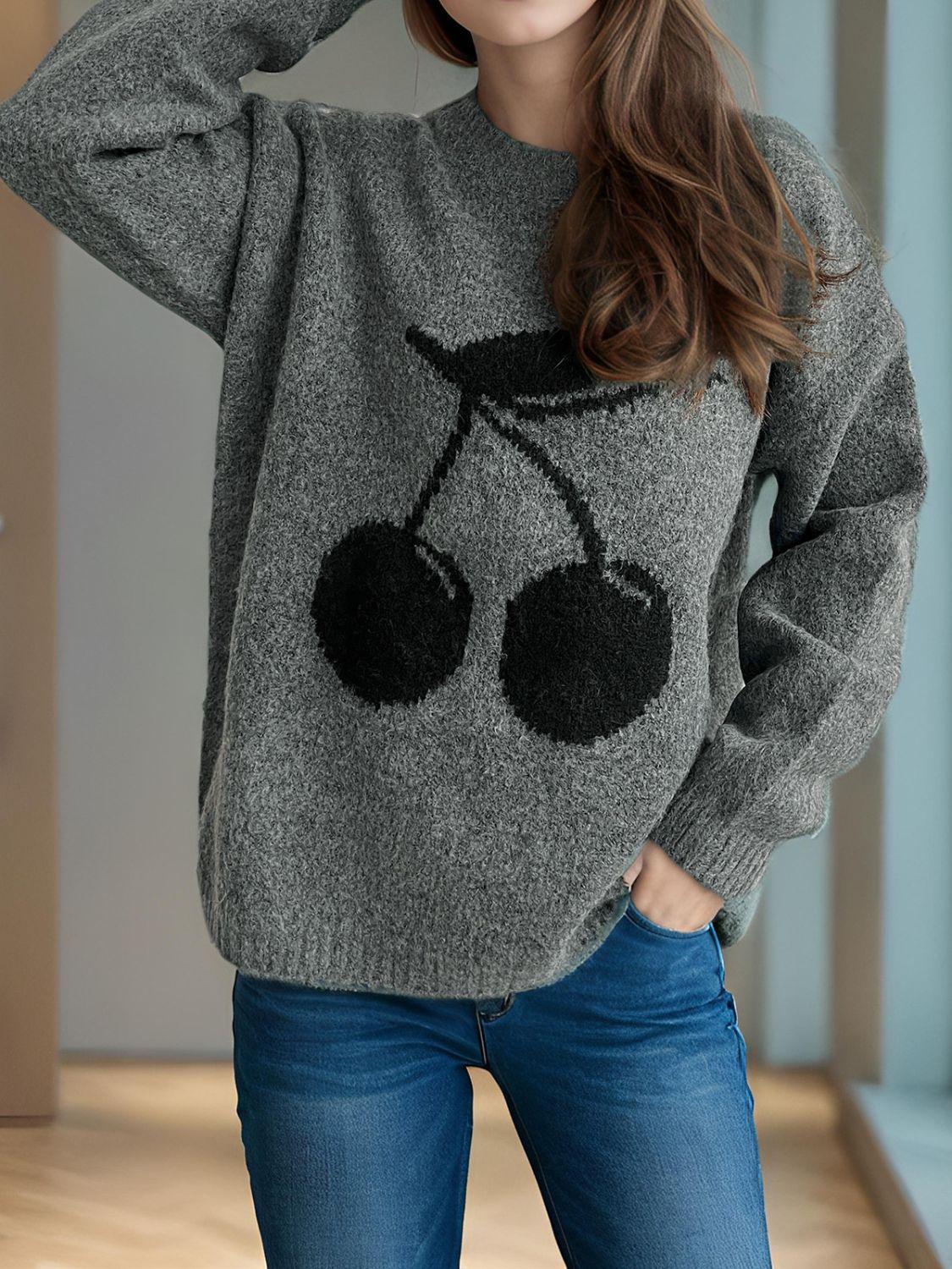Cherry Sweater Round Neck Long Sleeve Casual Basic Knitwear Dark Gray One Size a789ada4-0083-4476-a350-9aacd364ed33-Max Trendsi