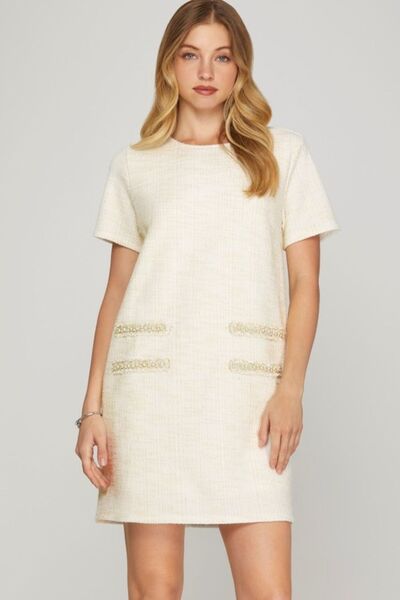 She + Sky Tweed Mini Dress Pearl Studded Trim Knit Ivory Short Sleeve Ivory a7966723-27d4-4d47-83af-89d014549122-Min Trendsi