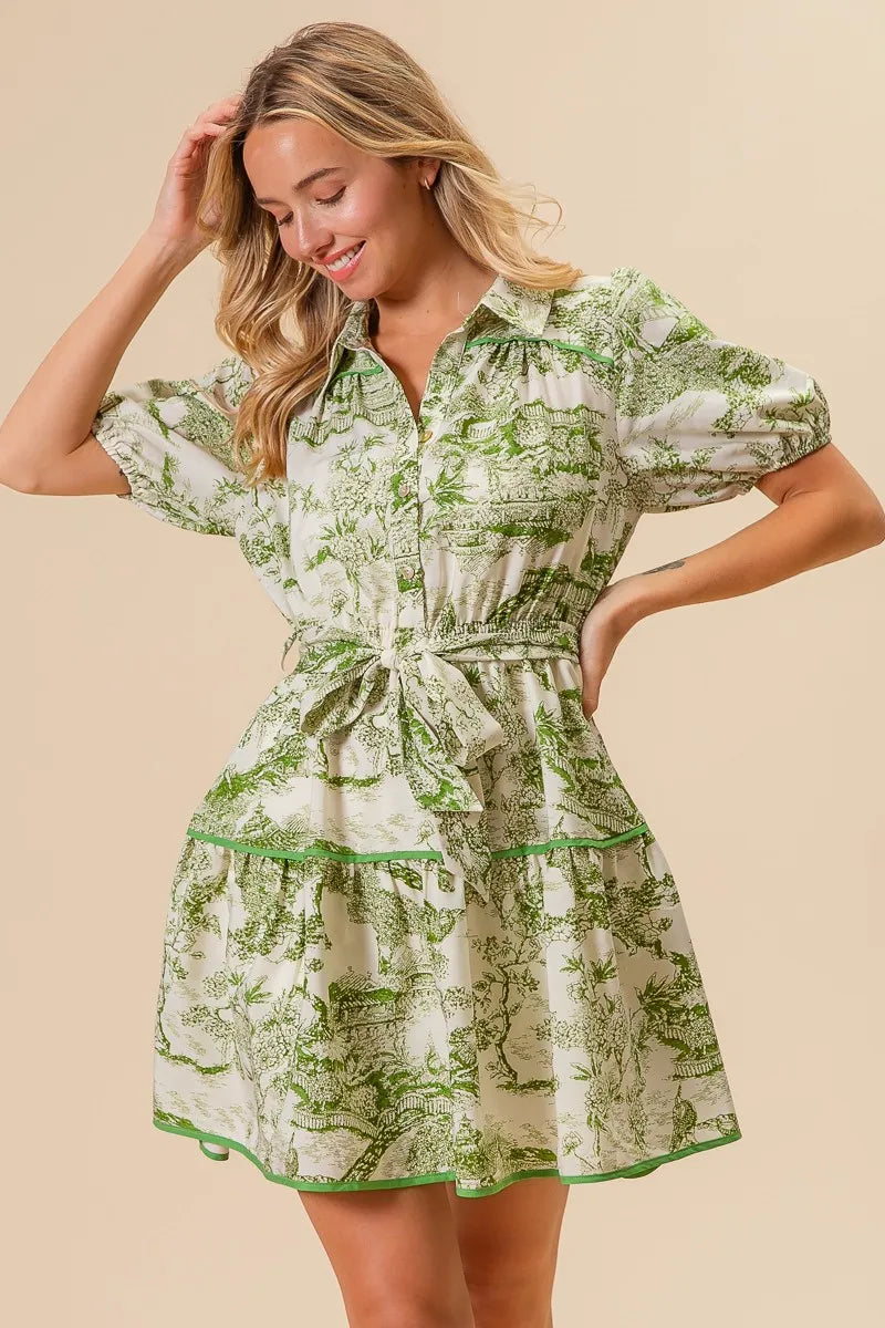 BiBi Mini Shirt Dress Floral Green Printed Tiered Belted Short Sleeve a7991bfc7c5c4692a43ec577e2acf2a9-Max-Origin Trendsi