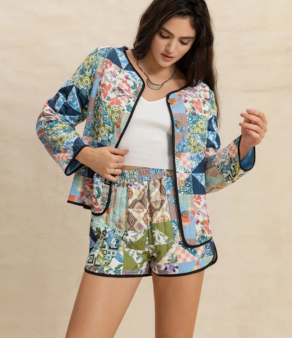 Outfit Set Floral Quilted Jacket Long Sleeve Outerwear and Shorts 2 Pcs