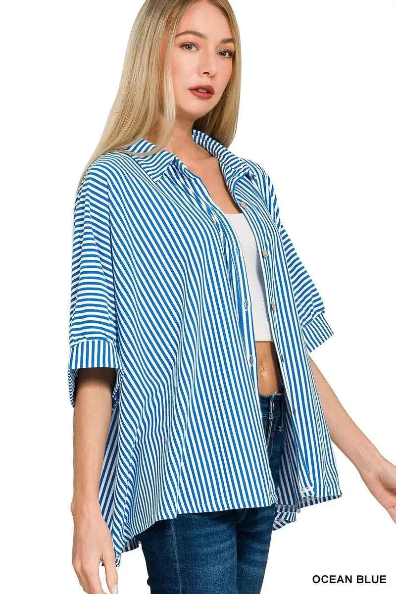 Zenana Oversized Shirt Ocean Blue Stripe Short Sleeve Top a7a112262bee4970b90f85c0643ec4f4-Max-Origin Trendsi