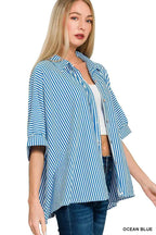 Zenana Oversized Shirt Ocean Blue Stripe Short Sleeve Top a7a112262bee4970b90f85c0643ec4f4-Max-Origin Trendsi