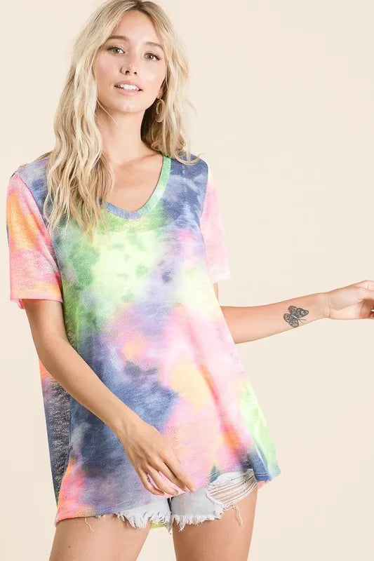 BiBi Tie Dye Print Womens T-shirt Low Gauge Deep U Neck Top a7a6ec3f4a1b4087998c57c0485a7de1-Max-Origin Trendsi