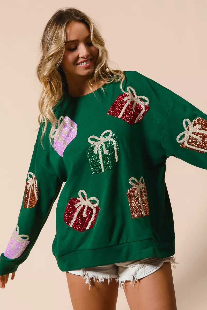 BiBi Pullover Sequin Christmas Gift Box Embroideries Green Womens Sweater a7a9fd53bc2047009b0b8fa875f5df92-Max-Origin Trendsi