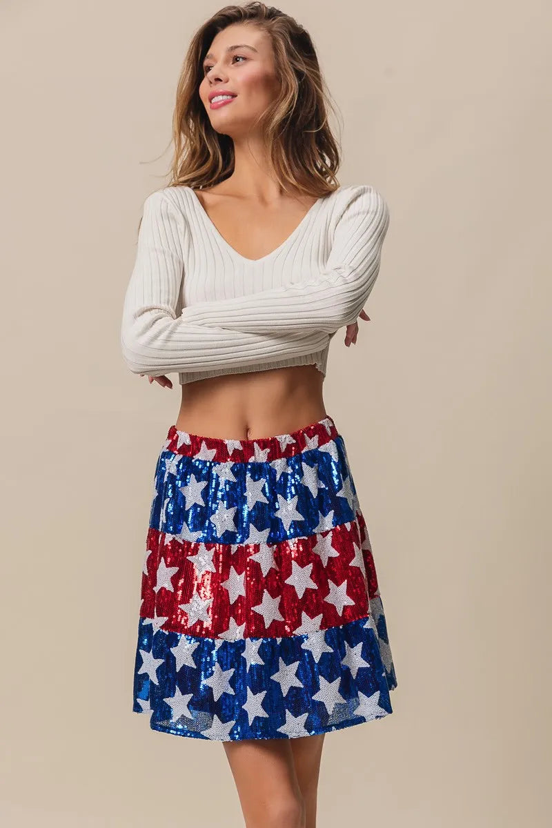 BiBi Sequin Skirt American Flag Theme Star Tiered Short Layered a7ac564ddaa54192827fa1c6aff36839-Max-Origin Trendsi