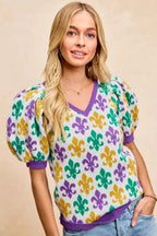 BiBi Women V Neck Knit Top Mardi Gras Fleur De Lis Patterned Short Sleeve a7b75e8a5b794a94ad9ebd4691bf6704-Max-Origin Trendsi