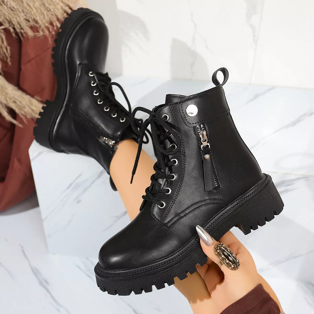 Women's Boots Black Pu Leather Round Toe Block Mid Heels Shoes a7c6c2208b1c4f6ba17e4ce888655e20-Max-Origin Trendsi