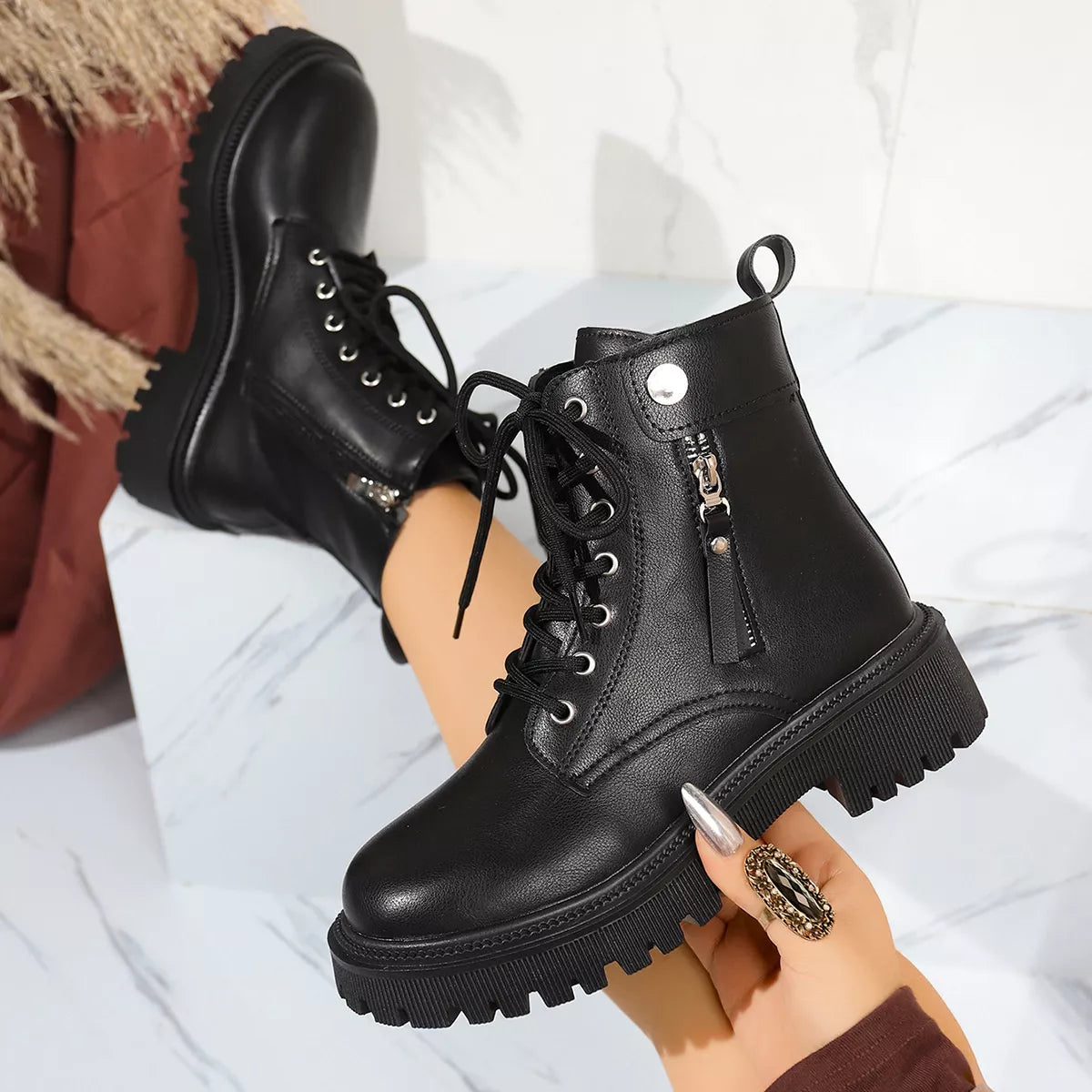 Women's Boots Black Pu Leather Round Toe Block Mid Heels Shoes a7c6c2208b1c4f6ba17e4ce888655e20-Max-Origin Trendsi
