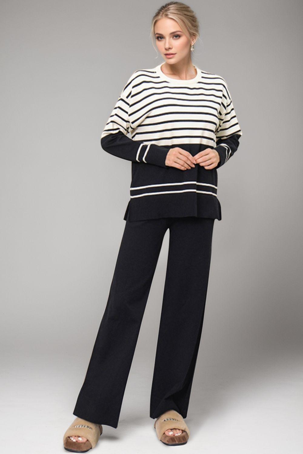 Basic Bae Outfit Sweater Set Striped Round Neck Long Sleeve Top and Pants Set