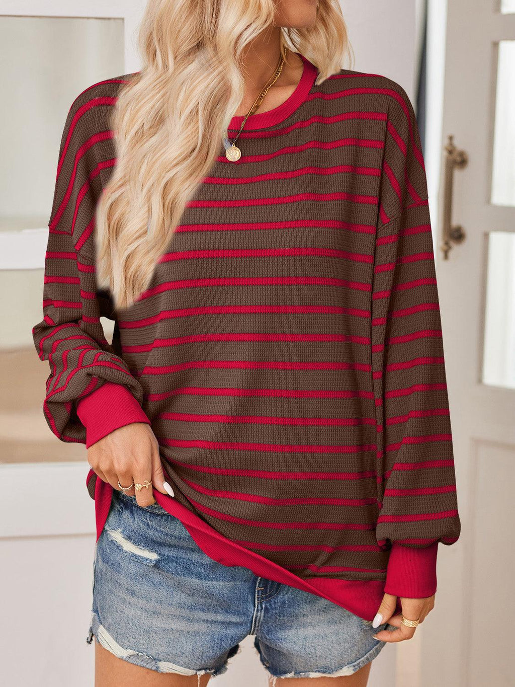 Lovelet Sweatshirt Striped Contrast Long Sleeve Top Chocolate a7d8d8ad-6cf6-4adc-991e-a45626d83bc2-Max Trendsi