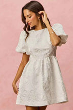 SO ME Jacquard Mini Dress White Floral Bubble Shorts Sleeves a7da6562d0f64b3393e3e41874eabd3b-Max-Origin Trendsi