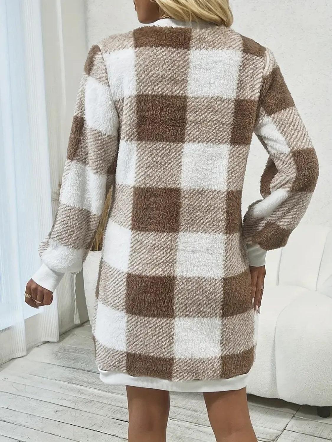 Knit Sweater Mini Dress Plaid V-Neck Long Sleeve Dress a7e57f1f-4cd1-4b45-ac92-b752188cc338-Max Trendsi