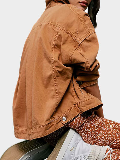Denim Jacket Women's Caramel Long Sleeve Oversized Pocketed Outwear