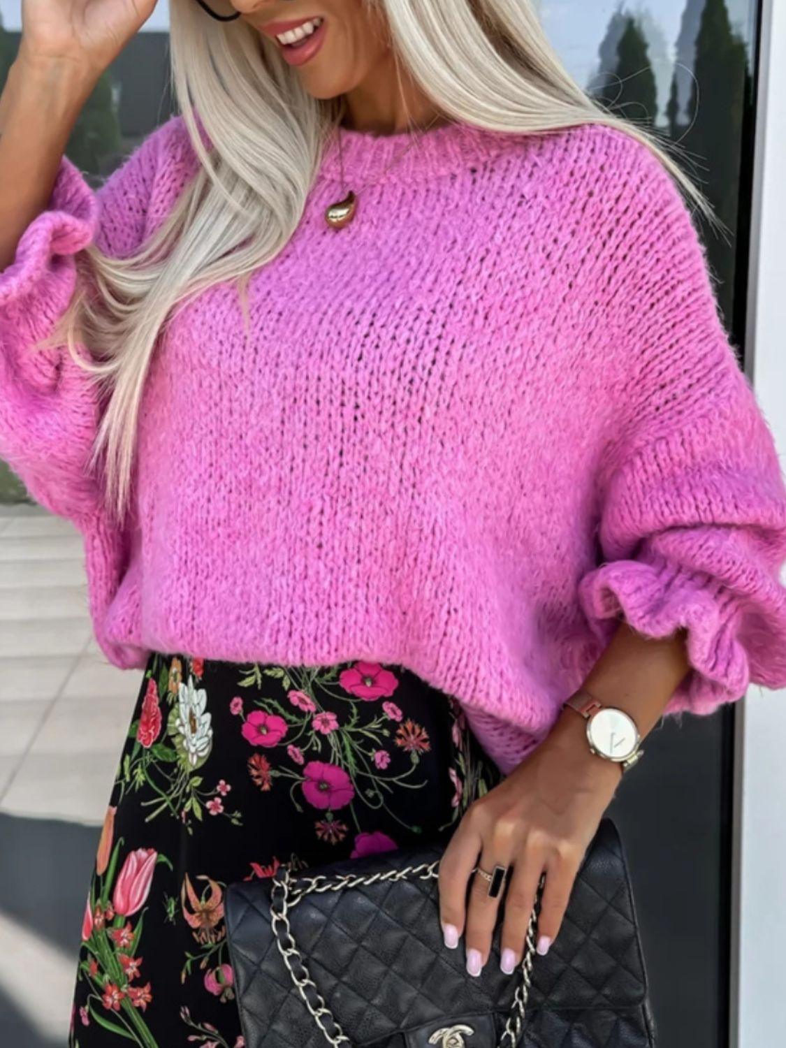 Sweater Round Neck Long Sleeve Soft Warm Solid Knitwear Fuchsia Pink a7ef4881-b8ab-4f56-aefd-3d450d3a4aa1-Max Trendsi