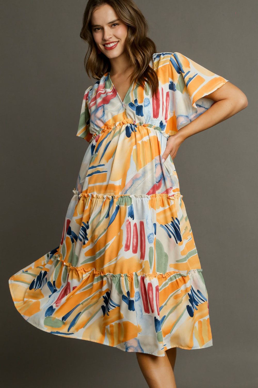Umgee Midi Dress Abstract Colorful Print Flutter Short Sleeve Frill Tiered TANGERINEMIX