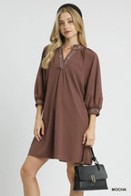 Umgee Short Shift Dress Mocha Notched Collar with Trim Lace Detail 3/4 Sleeve Mocha a8009d1d-a759-4576-bf06-8ec4ed6f76c4-Max-Origin Trendsi