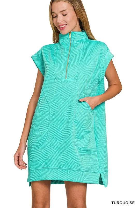 Zenana Mini Dress Textured Knit Jacquard Turquoise Quarter Zipper Oversized TURQUOISE a800cbd0b3a34d44950917c420ac7a15-Max-Origin Trendsi