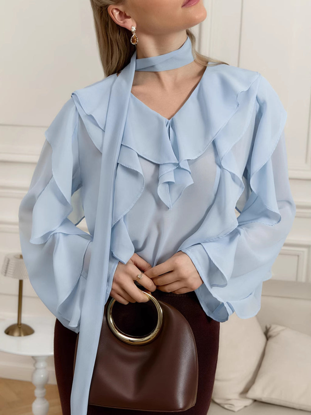Ruffle Trim Chiffon Blouse with Tie Detail