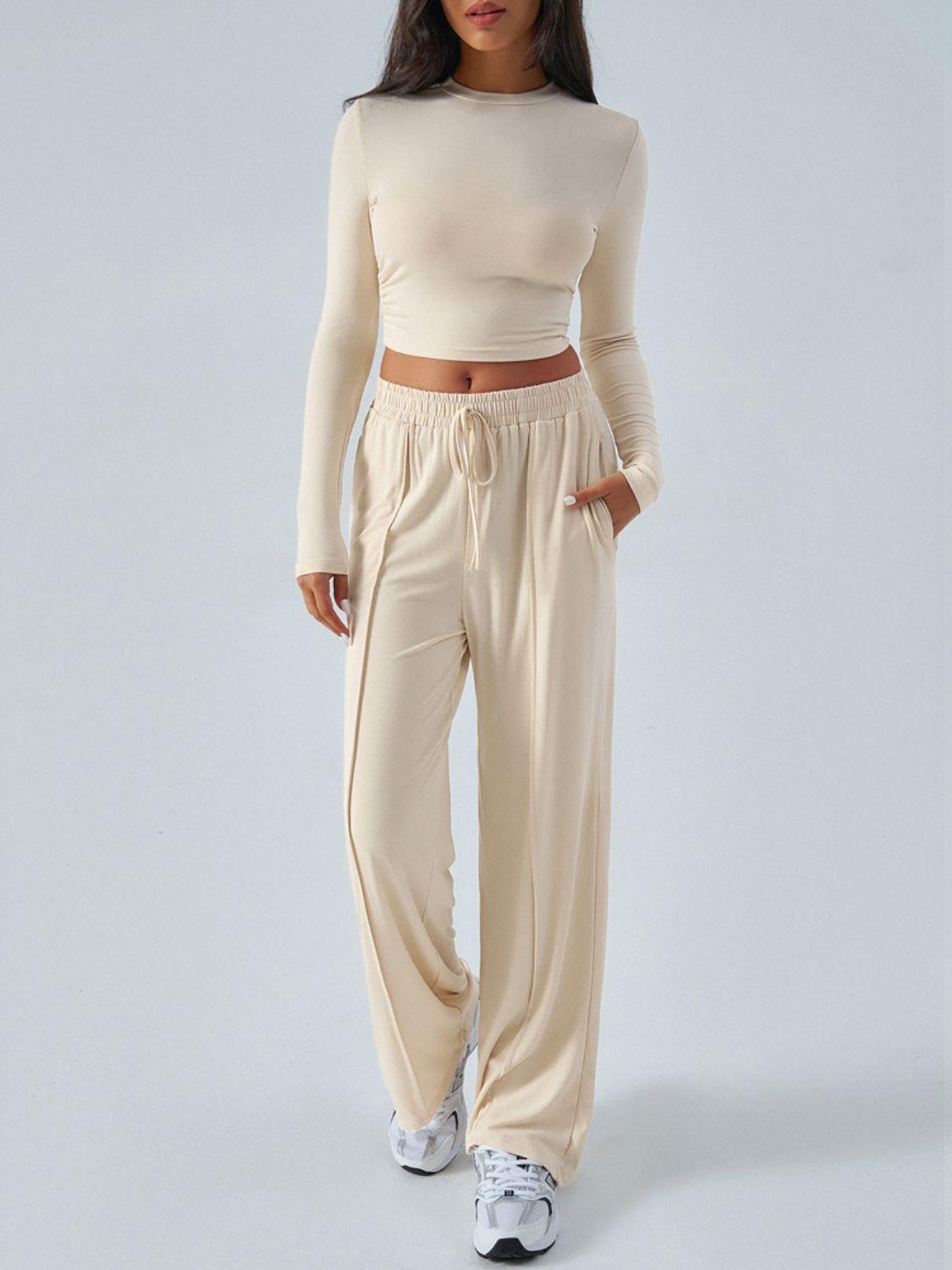 Devine Outfit Set Round Neck Long Sleeve Top and Pants Set Tan a80b8ea3-0e13-41af-98b6-b85829a4557e-Max Trendsi