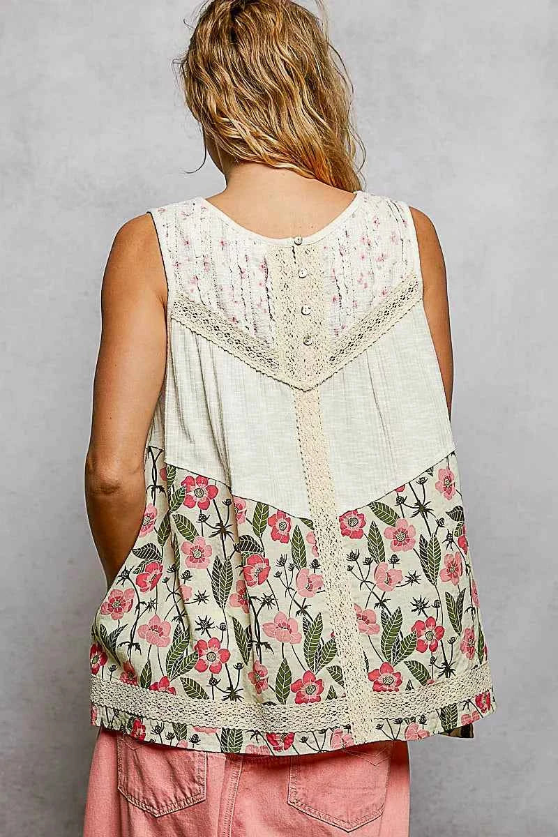 POL Floral V-Neck Tank Top Beige Floral Lace Detail Sleeveless Blouse a81117eb-e1e7-4551-bcf1-8a768d95b982-Max-Origin Trendsi