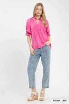 Umgee Linen Blouse Rose Scalloped Ruffle Neck Top Short Puff Sleeves a8171a23-94ea-4c13-b343-461d06f8d9b3-Max-Origin Trendsi