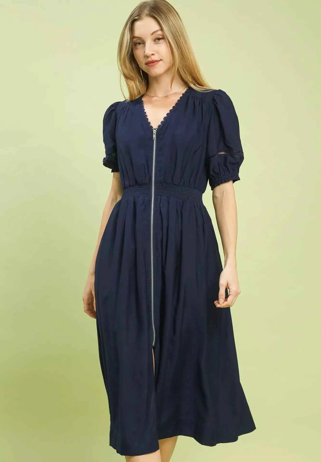 Umgee Midi Dress Navy Blue Zip-Front Smocked Waist Short Puff Sleeve NAVY a81ee6bb-fe3e-47dd-9a4a-0e033c7c3943-Max-Origin Trendsi