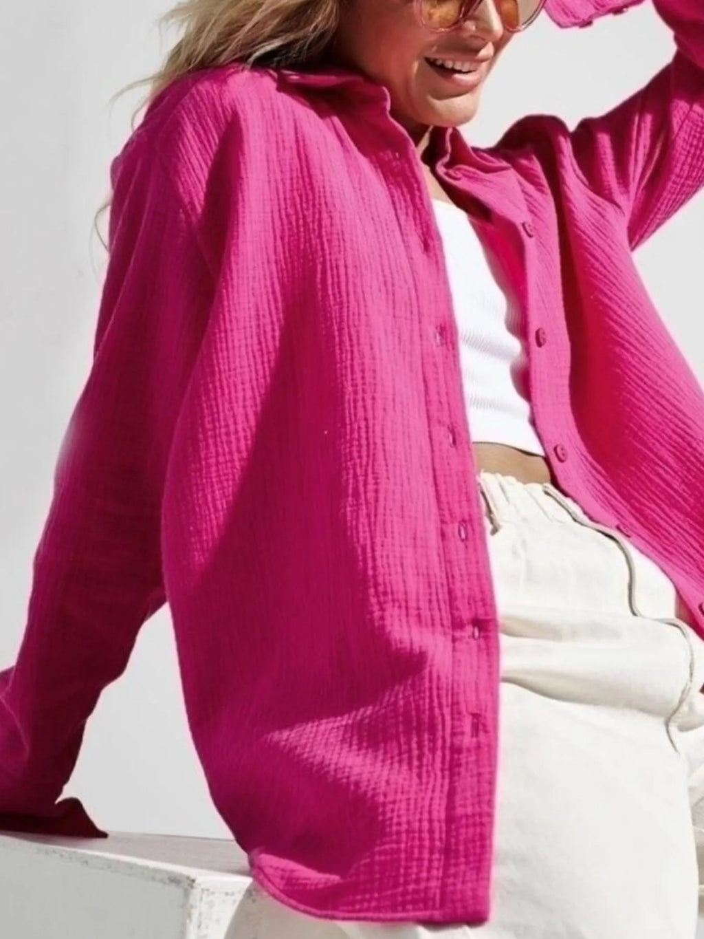 Women's Shirt Texture Oversized Button Up Long Sleeve Top a8260bc6-20d9-405f-95de-3e0d441e92d0-Max-Origin Trendsi