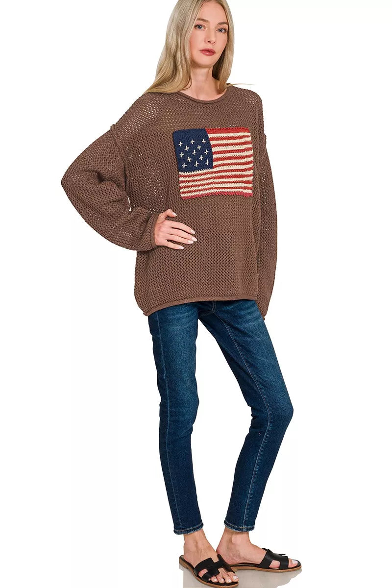 Zenana Womens Sweater Brown American Flag Crew Neck Open Knit Top a831da51a3724d51a9069ec9d829a498-Max-Origin Trendsi