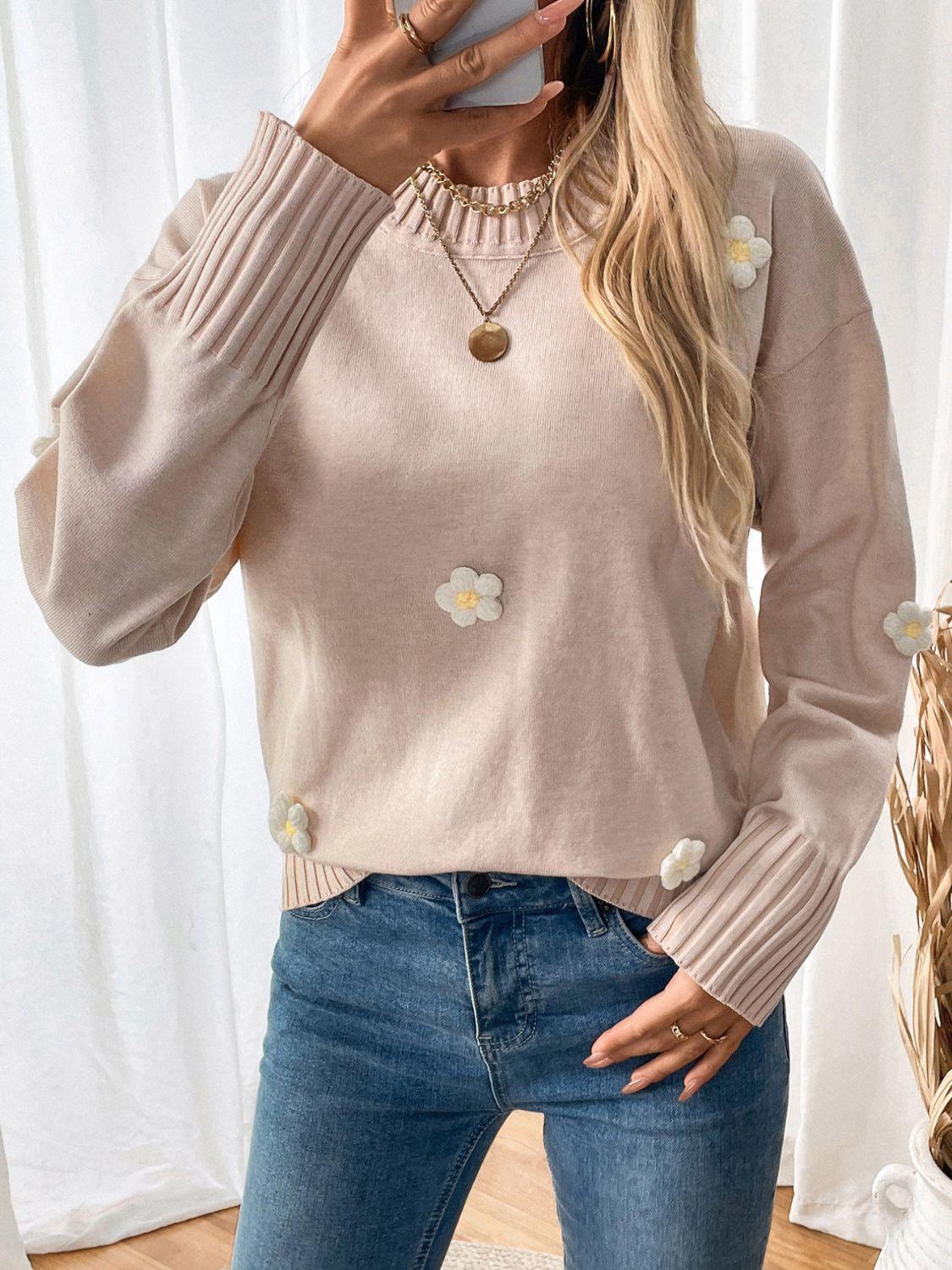 Perfee Sweater Flower Round Neck Long Sleeve Knitwear a832dadc-52e4-418d-96aa-19d226ece80e-Max Trendsi