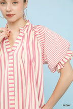 Umgee Blouse Peony Pink Striped Notched Top with Short Flutter Sleeves a83660e4-5a70-4bee-a08a-a47d84853824-Max-Origin Trendsi