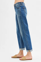 RISEN Women's Boyfriend Jeans Mid Rise Roll Up Cuff Dark Washed Denim a83ec67a2b2a4d1088feabc57d8c26d3-Max-Origin Trendsi