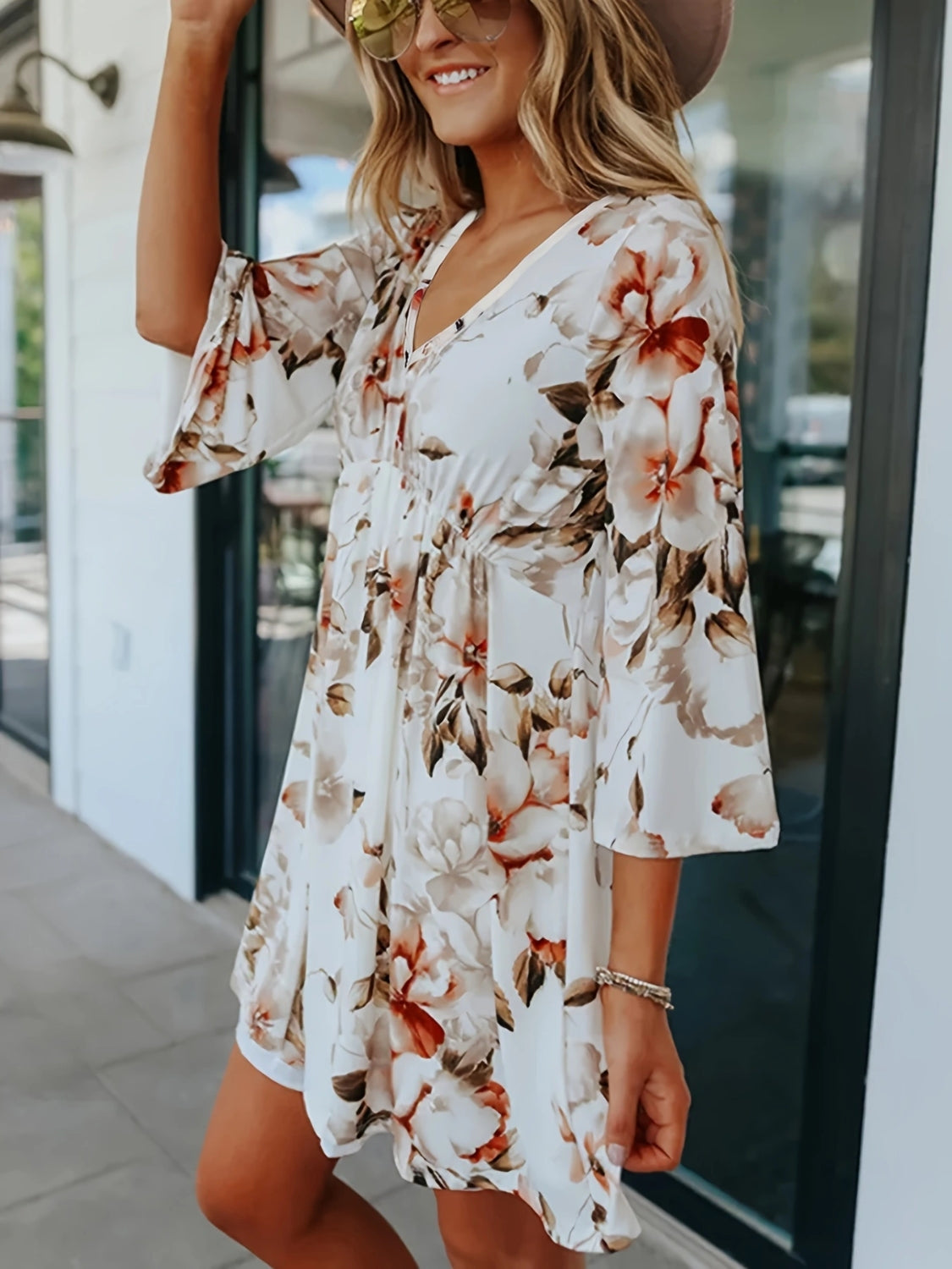 Floral Mini Dress V-Neck Three-Quarter Sleeve Summer Dresses a840b57d-fdba-4789-9042-bcce9adba5b6-Max Trendsi