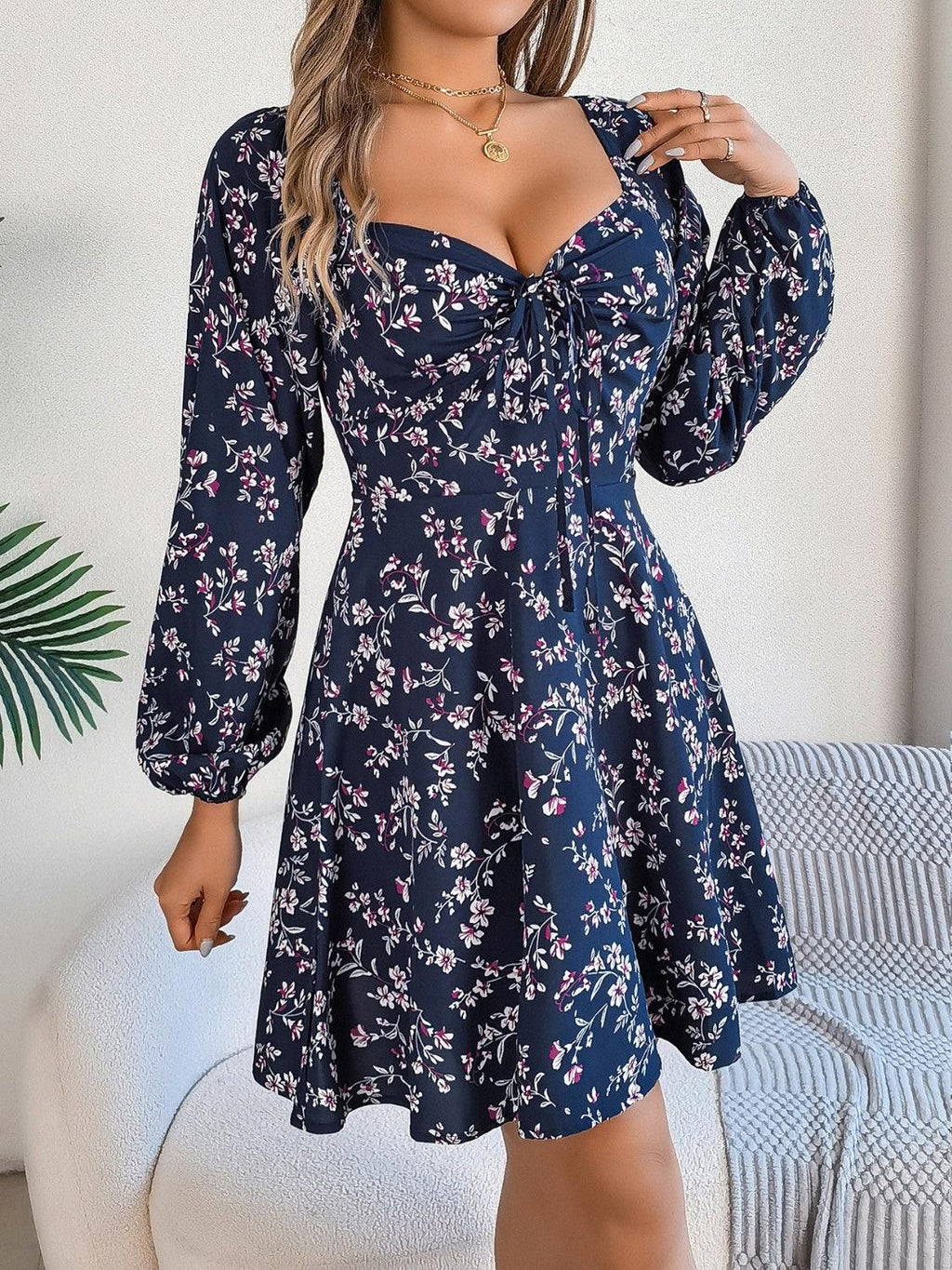 Mini Dress Floral Printed Sweetheart Neck Balloon Sleeve Navy a84985d6-4ce8-4f9b-bd92-5281fc73663a-Max Trendsi
