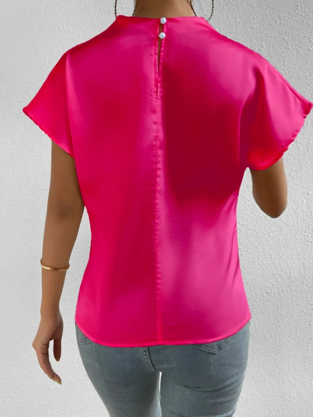 Satin Blouse Mock Neck Pleated Short Sleeve Basic Style Top a856606e-2a61-4795-bf11-c9a319df4210-Max-Origin Trendsi